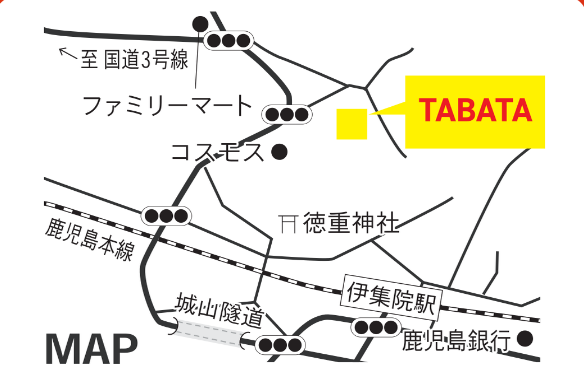 会場周辺の地図。JR伊集院駅の北側、徳重神社・コスモスの先に会場TABATAがあります